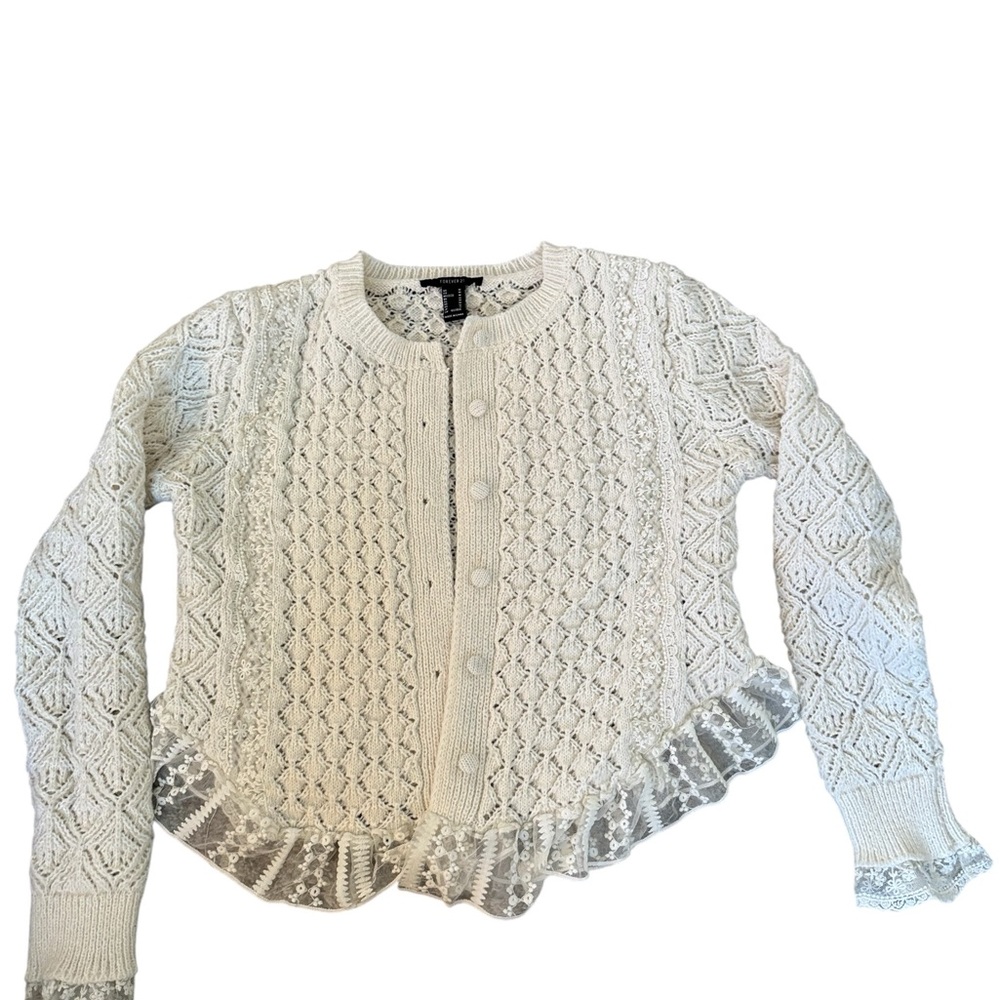 Forever 21 Cream Lace Trim Cardigan